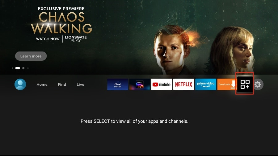 Fire TV-Startbildschirm mit hervorgehobenem Symbol 'Apps & Kanäle', über das Benutzer nach der Installation auf TiviMate zugreifen können.