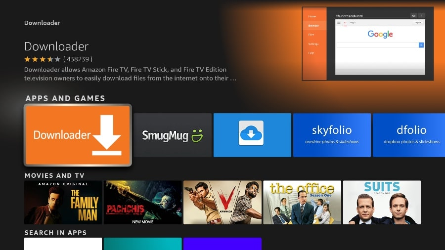 Fire TV App Store zeigt die 'Downloader'-App, die für das Sideloading von IPTV-Apps wie getxtremeiptv erforderlich ist.
