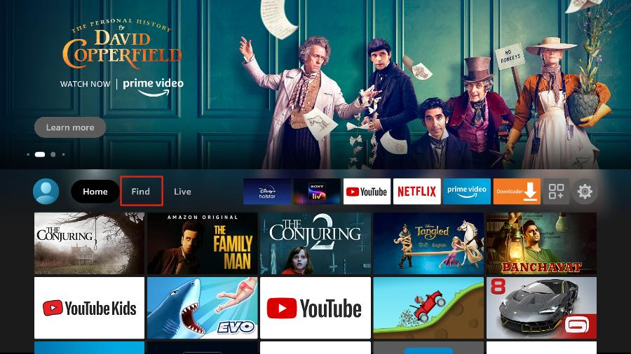 Fire TV Startbildschirm mit Streaming-Apps wie YouTube, Netflix, Prime Video und IPTV-Optionen.