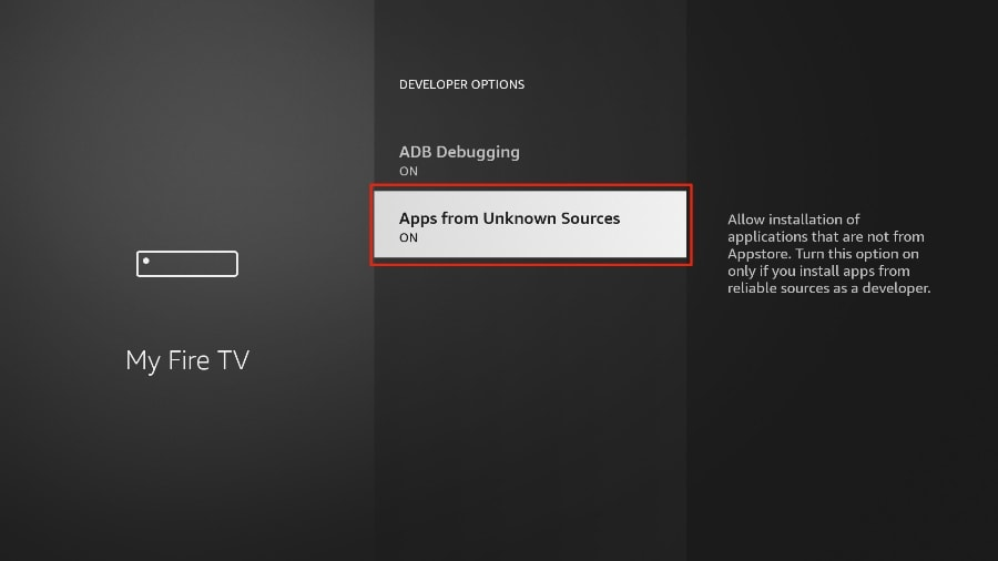 Fire TV-Einstellungsbildschirm mit aktivierter Option 'Apps aus unbekannten Quellen', die die Installation von TiviMate auf Firestick ermöglicht.