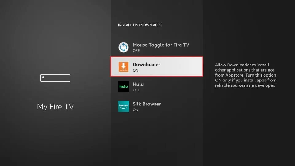 Firestick-Menü 'Unbekannte Apps installieren' mit aktivierter 'Downloader'-App zur Installation von Drittanbieter-Anwendungen.