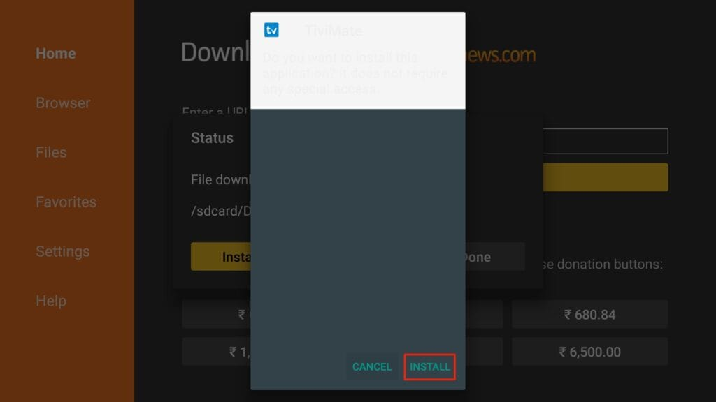 Installationsaufforderung für die TiviMate APK auf Firestick mit der Downloader-App.
