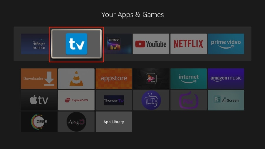 Öffnen Sie den TiviMate IPTV Player auf dem Firestick im App-Menü, um IPTV-Kanäle zu streamen.