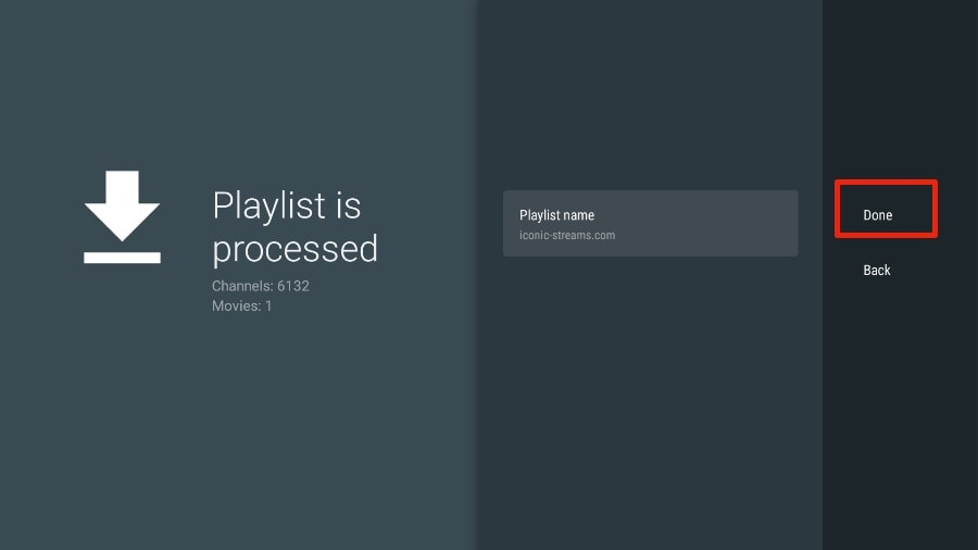 TiviMate auf Firestick zeigt den Bildschirm 'Wiedergabeliste wird verarbeitet', mit der Option, die IPTV-Wiedergabeliste für getxtremeiptv abzuschließen.